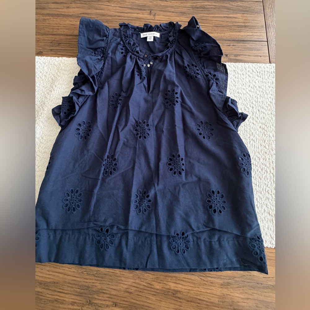 Navy Eyelet Ruffle Sleeve Blouse